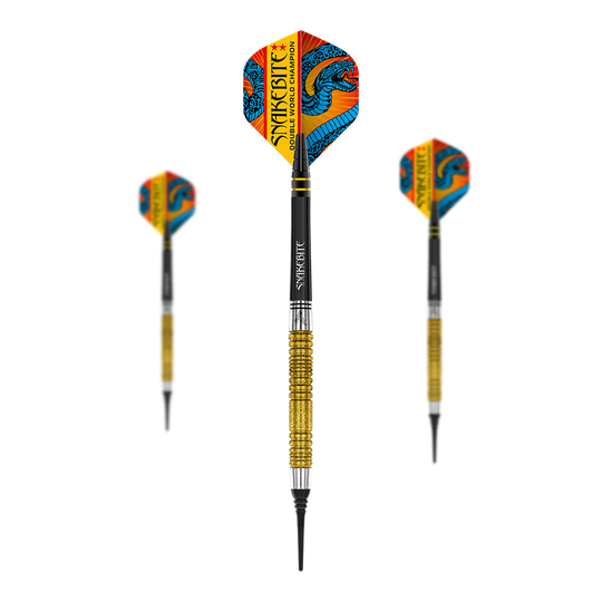Red Dragon Peter Wright Double World Champion SE Gold Plus Softdarts - 20g Das Bild zeigt drei Softdarts mit goldfarbenem Griff und auffälligen Flights im Drachen-Design. Auf den Flights steht „Snakebite Double World Champion“.