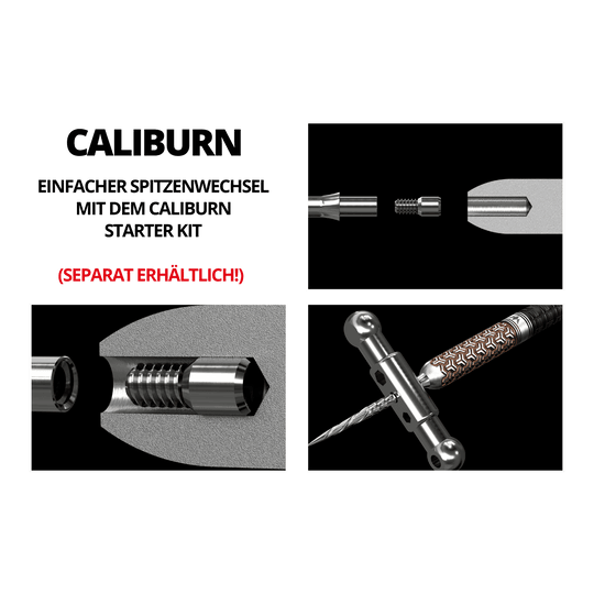 Caliburn System Steel Dart Tips - Smooth - Silver Das Bild zeigt verschiedene technische Darstellungen und Details eines Steeldartspitzen-Systems. In mehreren Grafiken wird die Befestigung und der Zusammenbau der Bauteile veranschaulicht.