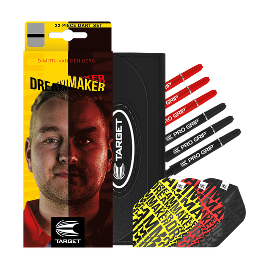 170007_Target_Dimitri_Van_Den_Bergh_Brass_Steeldarts_3ueF4orYEKe0WF Das Bild zeigt das Produkt "Target Dimitri Van Den Bergh Brass Steeldarts - 22g" mit farbenfroher Verpackung und Zubehör. Enthalten sind mehrere Dartschäfte und Flights in verschiedenen Farben sowie ein Etui.