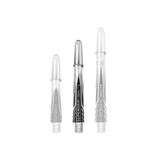 Auf dem Bild sind drei klare Harrows Supergrip Ignite Shafts in verschiedenen Längen zu sehen. Die Shafts haben einen modernen schwarzen und weißen Aufdruck mit der Aufschrift "SUPERGRIP IGNITE".