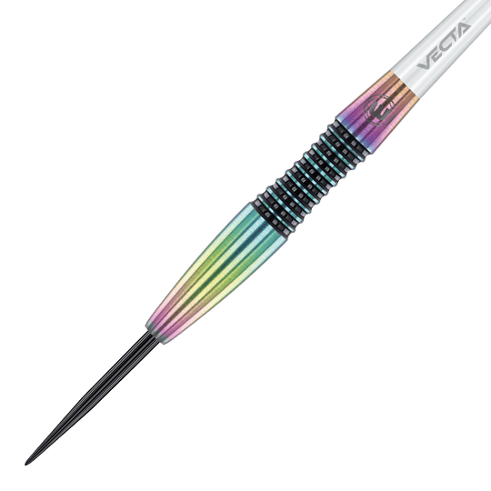 Das Bild zeigt einen Winmau Elektra Steeldart mit einem farbenfrohen, metallischen Design. Der Dartpfeil hat eine glänzende Oberfläche und eine strukturierte Griffzone.