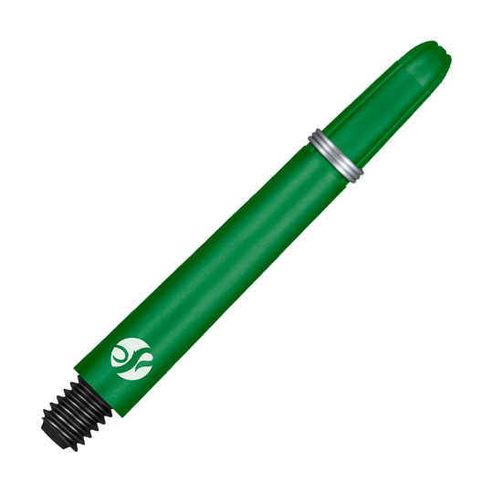 Dies ist ein grüner Dart-Schaft mit einem Metallring und einem schwarzen Gewinde. Er hat ein weißes Logo am unteren Ende.