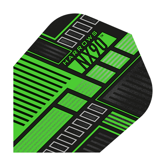 Das Bild zeigt ein Harrows Prime NX90 Green Flight für Darts. Das Flight ist hauptsächlich schwarz und grün mit einem modernen, geometrischen Muster.