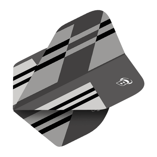 Das Bild zeigt ein Dart-Flight mit dem Namen 'Bulls B-Star Tac No2 Standard Flights'. Das Flight hat ein graues Design mit schwarzen und weißen Streifen sowie einem kleinen Bulls-Logo.