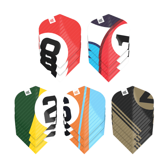 Das Bild zeigt fünf verschiedene Sets von Dart-Flights, jeweils in bunten Farben und mit auffälligen Zahlen bedruckt. Es handelt sich um das Produkt "Target Pro Ultra Chicane Multipack No6 Flights - 5 Sets".