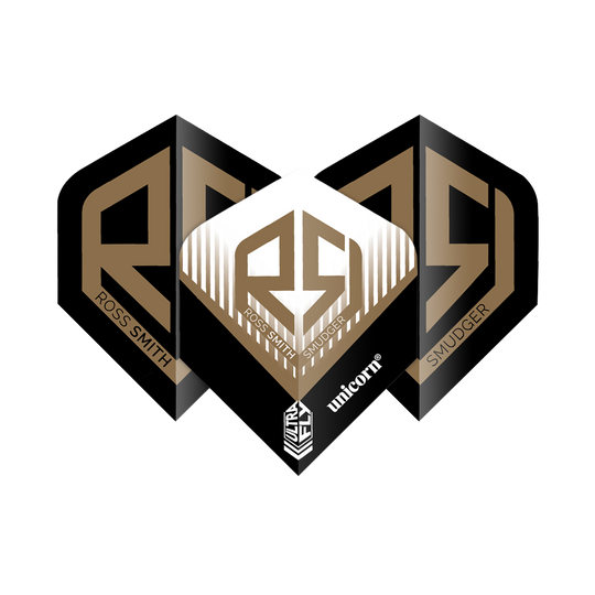 Unicorn Ultrafly 100 Ross Smith Plus Flights Das Bild zeigt die "Unicorn Ultrafly 100 Ross Smith Plus Flights" mit einem markanten goldenen RS-Logo auf schwarzem Hintergrund. Auf den Flights stehen die Namen "Ross Smith" und "Smudger" sowie das Unicorn-Logo.