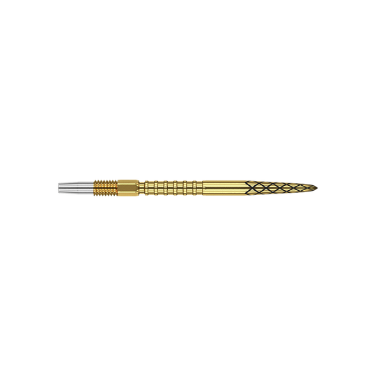 Target Swiss DS Surge Point Dart Tips - Gold Das Bild zeigt eine goldfarbene Dartspitze mit einem feinen Rautenmuster. Der hintere Teil der Spitze ist silberfarben und geriffelt.