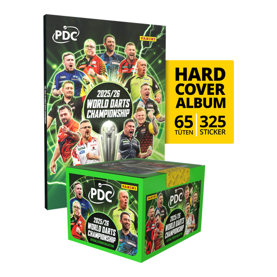 Panini PDC World Darts Championship 2025/26 - Hardcover Bundle with a sticker box Auf diesem Bild ist das Panini PDC World Darts Championship 2025/26 Hardcover Bundle mit einer Stickerbox zu sehen. Das Bundle enthält ein Hardcover-Sammelalbum und eine Box mit Stickern.