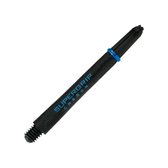 Das Bild zeigt einen Harrows Supergrip Carbon Shaft in der Farbe Aqua. Der Schaft ist schwarz mit blauer Aufschrift und einem blauen Ring.