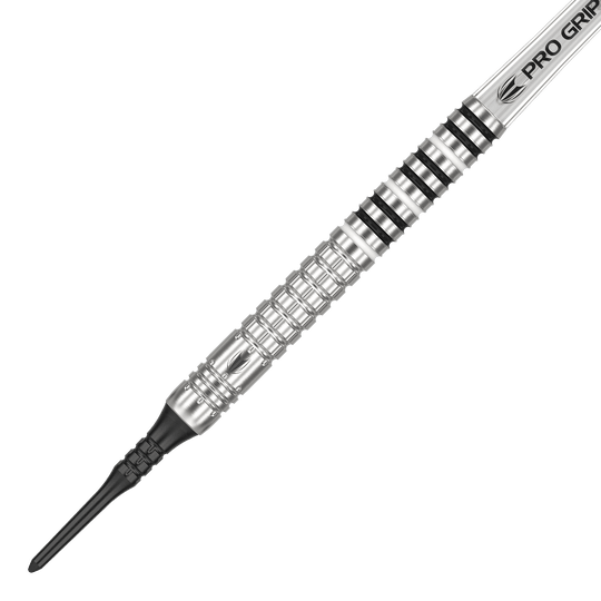 Target Chris Dobey GEN1 Softdarts - 19g Das Bild zeigt einen silbernen Softdartpfeil mit schwarzen Ringen und der Aufschrift "PRO GRIP". Es handelt sich um das Modell "Target Chris Dobey GEN1 Softdarts - 19g".