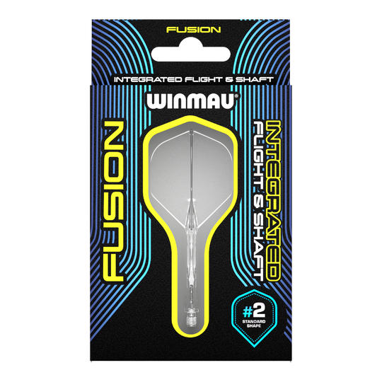 Auf dem Bild ist ein Winmau Fusion Flight & Shaft System in einer Verpackung zu sehen. Das Produkt ist durchsichtig und hat die Standardform #2.
