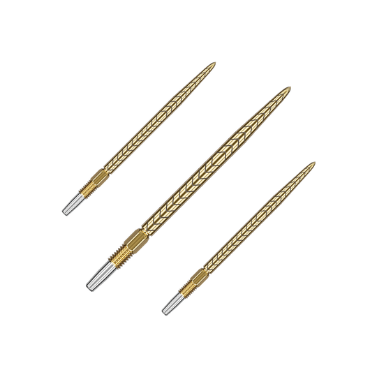 Target Swiss Point RVE dart tips - Gold Das Bild zeigt drei goldene Dartspitzen mit einem strukturierten Muster. Sie sind länglich geformt und haben am Ende eine silberne Befestigung.