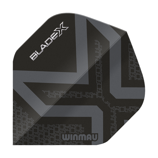Dies ist ein Winmau Prism Delta Blade X Metallic Black No2 Standard Flights. Man sieht ein hochwertiges Dartflugblatt in schwarzem Metall-Look.