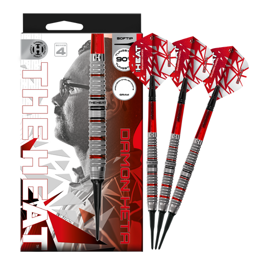 Hier ist das Produkt Harrows Damon Heta Series 4 Softdarts zu sehen. Die Darts zeichnen sich durch ihre hochwertige Verarbeitung aus.