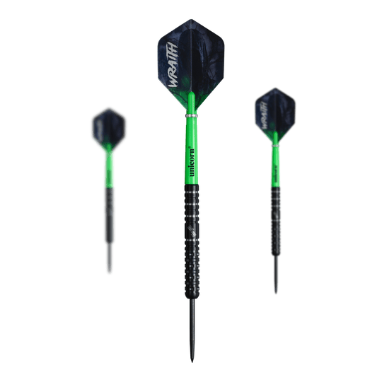 Dieses Bild präsentiert die Unicorn Wraith Callan Rydz Steeldarts - 23g im Set. Die Verpackung und alle Bestandteile sind zu sehen.