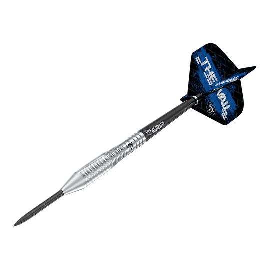 Bulls Martin Schindler TW80 steel darts Das Bild zeigt einen Steeldart namens "Bulls Martin Schindler TW80". Der Dart hat einen silbernen, geriffelten Schaft und blaue Flights mit der Aufschrift "THE WALL".