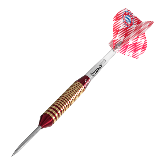Hier sieht man die Bulls FC Bayern München Brass Steeldarts mit einem Gewicht von 21g. Sie sind für Steeldart geeignet und mit FC Bayern München Design gestaltet.