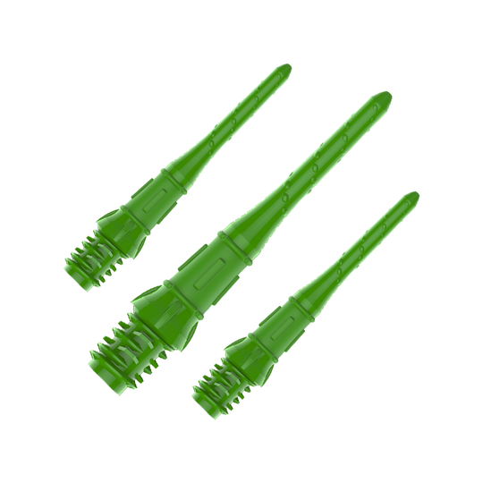 Das Bild zeigt drei grüne Dartspitzen aus Kunststoff. Sie sind nebeneinander angeordnet und auf einem transparenten Hintergrund dargestellt.