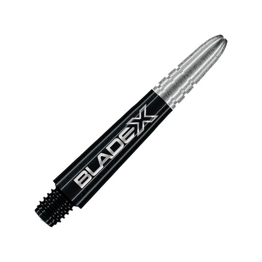 Winmau Vecta Blade X Shafts - Black Dargestellt ist ein schwarzer Dartshaft mit dem Namen Winmau Vecta Blade X, 34 mm. Dieses Objekt ist für die Verwendung mit Dartpfeilen gedacht.