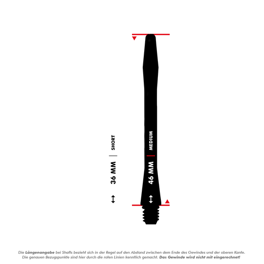 Das Bild zeigt zwei verschiedene Längen von Dartshafts: 36 mm (kurz) und 46 mm (mittel). Die Längen werden jeweils zwischen den roten Linien gemessen, das Gewinde ist nicht mit einberechnet.