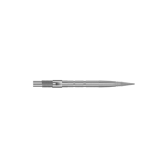 Das Bild zeigt Dartspitzen mit MicroRidge Struktur in Silber mit einer Länge von 26 mm. Die Dartspitzen sind nebeneinander angeordnet.