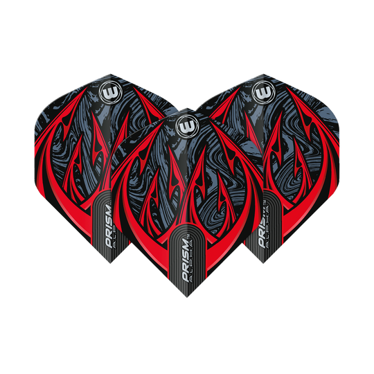 Das Bild zeigt drei Winmau Prism Alpha Diablo Standard Flights. Sie haben ein auffälliges Design in Schwarz, Rot und Grau mit modernen Mustern.
