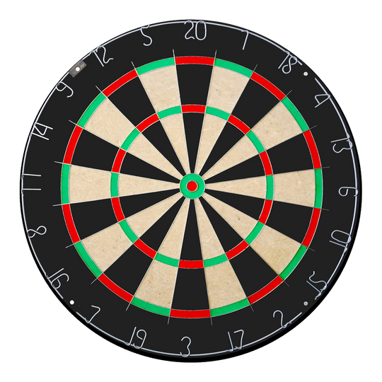 Abgebildet ist das Karella Dartboard BullOut Set mit zwei Sätzen Steeldarts. Das Produkt ist perfekt für Darts-Fans und beinhaltet ein Dartboard sowie Steeldarts.