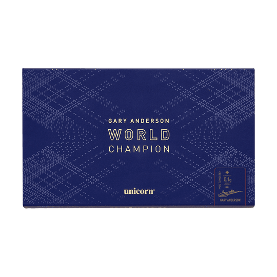 29030_Unicorn_World_Champion_Gary_Anderson_Phase_6_Steeldarts_3b Die Verpackung ist dunkelblau mit dem Text "Gary Anderson World Champion" in der Mitte. Unten steht das Logo "unicorn" und rechts befindet sich eine kleine goldene Box mit weiteren Informationen.