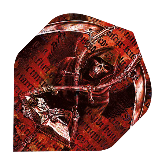 ALC3_Alchemy_Day_Of_Reckoning_Standard_Flights_1 Das Bild zeigt ein Dart-Flight mit einem düsteren Sensenmann-Design auf rotem Hintergrund. Der Sensenmann hält eine Sense und ein Buch in den Händen.