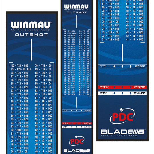 Winmau Outshot Dart Mat Das Bild zeigt die Winmau Outshot Dartmatte 2024 in Blau mit Tabellen für Checkout-Werte beim Dartspiel. Unten auf der Matte sind Markierungen für verschiedene Distanzen und das PDC-Logo zu sehen.