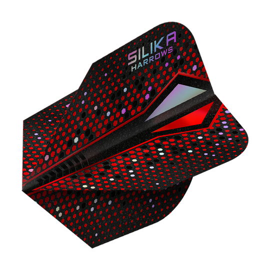 Harrows Silika Colorshift Tough Crystalline Coating Red-X No6 Flights Das Bild zeigt das Produkt "Harrows Silika Colourshift Tough Crystalline Coating Red-X No6 Flights". Die Dart-Flights sind überwiegend schwarz mit roten und bunten Punkten und haben einen modernen, glänzenden Look.