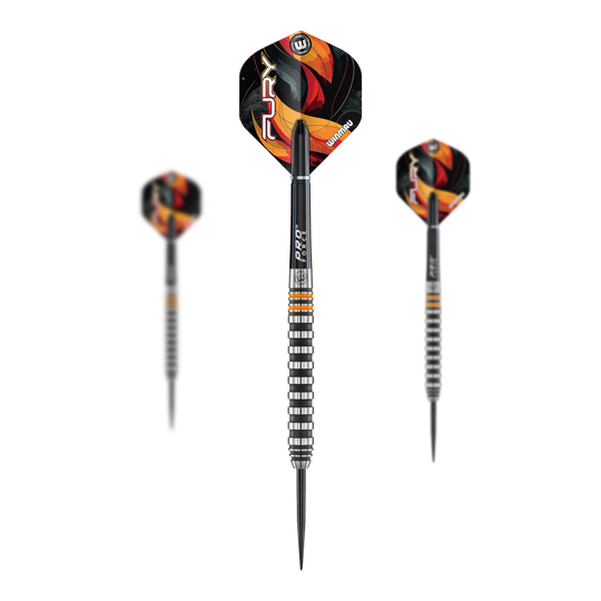 Winmau Fury steel darts - 22g Das Bild zeigt die Winmau Fury Steeldarts mit einem Gewicht von 22g. Diese Darts sind für Steeldartspieler geeignet.