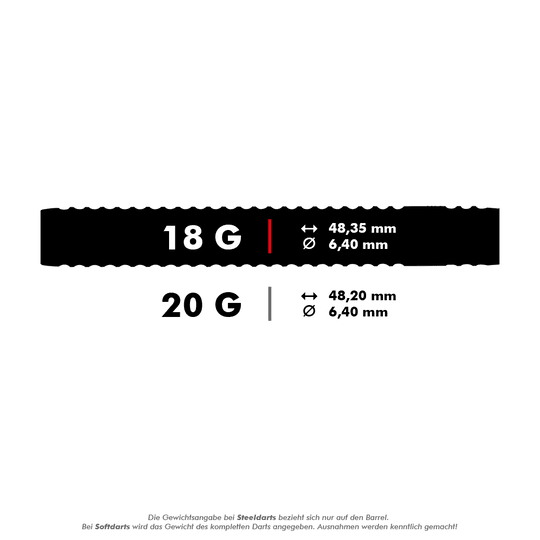 2061_Winmau_Blackout_Tungsten_Softdarts_5_18g Das Bild zeigt die Maße der Winmau Blackout Tungsten Softdarts in den Varianten 18 Gramm und 20 Gramm. Für 18 Gramm beträgt die Länge 48,35 mm und der Durchmesser 6,40 mm, für 20 Gramm beträgt die Länge 48,20 mm und der Durchmesser ebenfalls 6,40 mm.