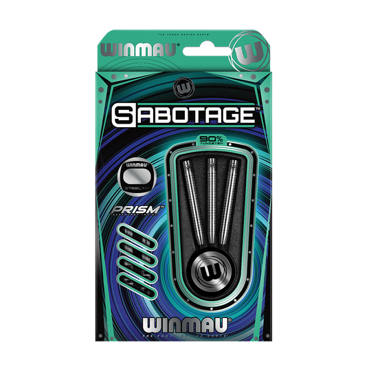 Auf dem Bild ist die Verpackung der Winmau Sabotage Steeldarts zu sehen. In der Packung befinden sich drei Darts aus 90% Tungsten.