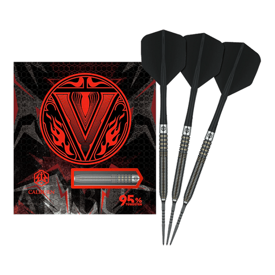 Das Bild zeigt Caliburn V-Series V2 Steeldarts in voller Ansicht. Diese Steeldarts eignen sich für ambitionierte Spieler.