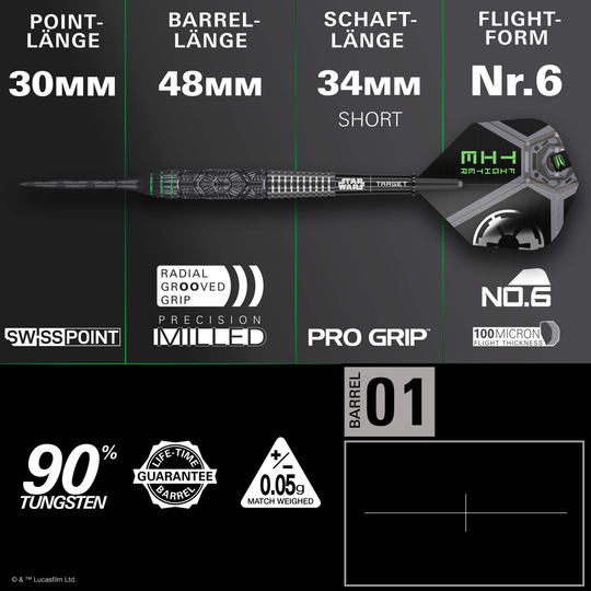 Die Target Star Wars Tie Fighter Swiss Point Steeldarts sind hier abgebildet. Diese Dartpfeile sind von einem Tie Fighter aus Star Wars inspiriert.