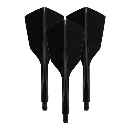 Das Bild zeigt drei schwarze, schmale Dartflights des Modells "Condor Axe 120 Flight-System". Sie sind nebeneinander mit der Spitze nach unten ausgerichtet.