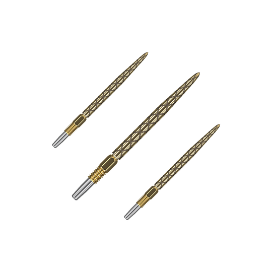 Target Swiss Diamond Pro Gold dart tips Goldene Dartspitzen mit matter Struktur liegen nebeneinander. Das Set ist auf einem hellen Hintergrund platziert.