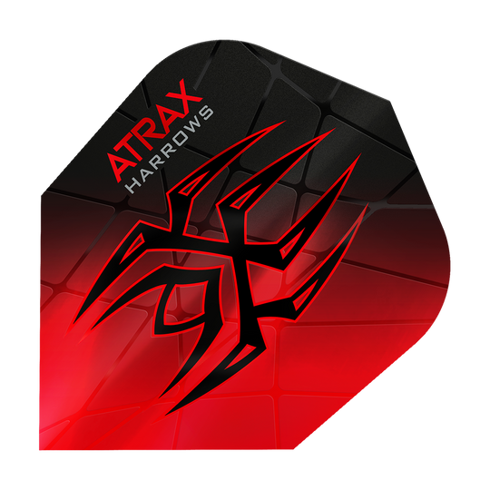 Harrow's Atrax Prime No6 Flights Das Bild zeigt das Produkt "Harrows Atrax Prime No6 Flights" in rot und schwarz. Ein auffälliges Tribal-Muster und die Markenaufschrift sind auf der Dart-Flugfläche zu sehen.