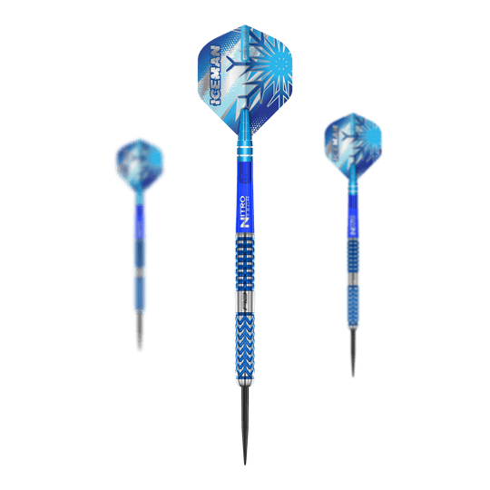 Red Dragon Gerwyn Price Glacier steel darts Das Bild zeigt die "Red Dragon Gerwyn Price Glacier Steeldarts" mit blauen Akzenten und eisigem Design. Die Darts haben auffällige Flights mit dem Schriftzug "ICEMAN" und Schneeflockenmuster.