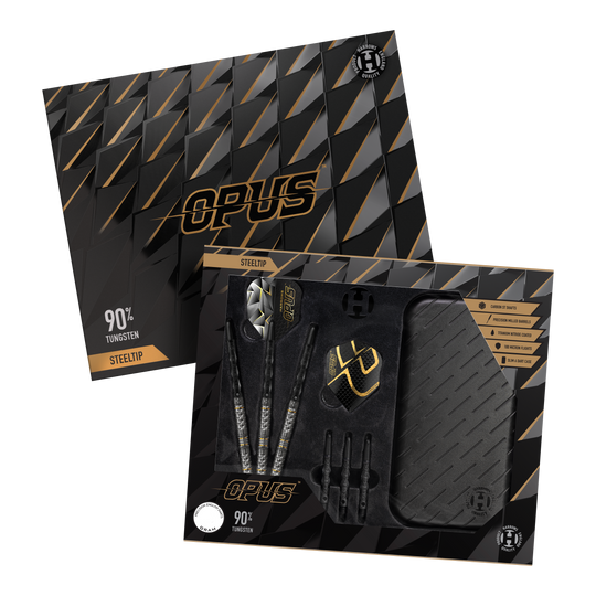 Harrows Opus Quick Point Steeldarts - 23g. Es werden drei Steeldarts mit 23 Gramm aus der Harrows Opus Reihe dargestellt.