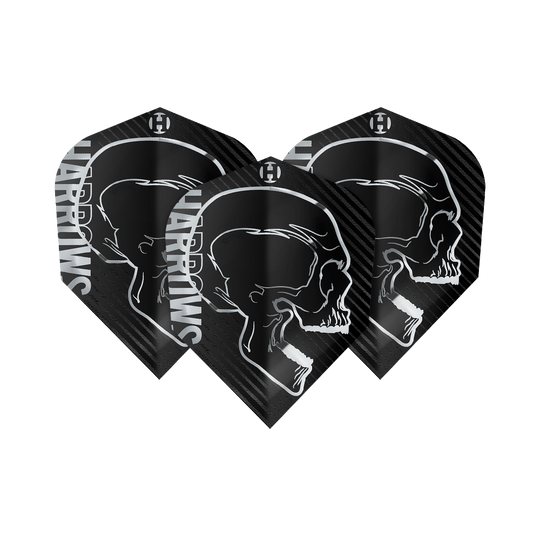 Harrows Rage Silver No6 Flights Das Bild zeigt drei schwarze Dart Flights mit einem weißen Totenkopf-Design und dem Schriftzug "Harrows". Es handelt sich um das Produkt "Harrows Rage Silver No6 Flights".
