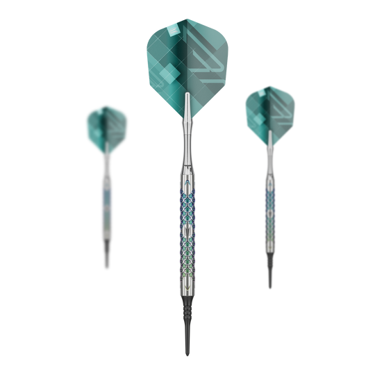 Target Rove 10 Soft Darts Das Set Target Rove 10 Softdarts zeigt mehrere Darts zusammen. Die Produkte sind gleichmäßig angeordnet.