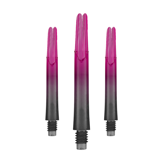Das Bild zeigt drei pink-schwarze Dartschäfte in gerader Form. Sie stehen aufrecht nebeneinander und haben Gewinde am unteren Ende.