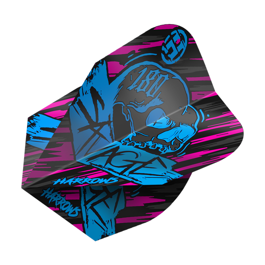 Harrow's Savage Aqua Pink No6 Flights Das Bild zeigt das Produkt "Harrows Savage Aqua Pink No6 Flights". Das Design ist auffällig mit schwarzen, pinken und blauen Farben sowie einem Totenkopf-Motiv.
