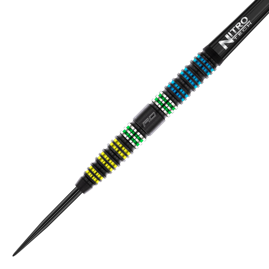 Das Bild zeigt den Red Dragon Dragonfly 95 Black Tapered Steeldart. Der Dart hat farbige Ringe in Gelb, Grün und Blau sowie einen schwarzen Schaft mit der Aufschrift "Nitro Tech".