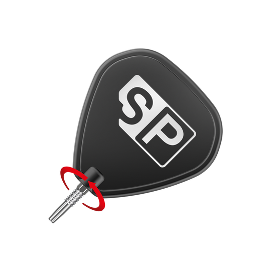 Target Swiss Diamond Pro Silver Points dart tips Das Bild zeigt eine schwarze Dartflügel mit den weißen Buchstaben "SP" darauf. Unten ist eine silberne Dartspitze zu sehen, die mit dem Flügel verbunden ist.