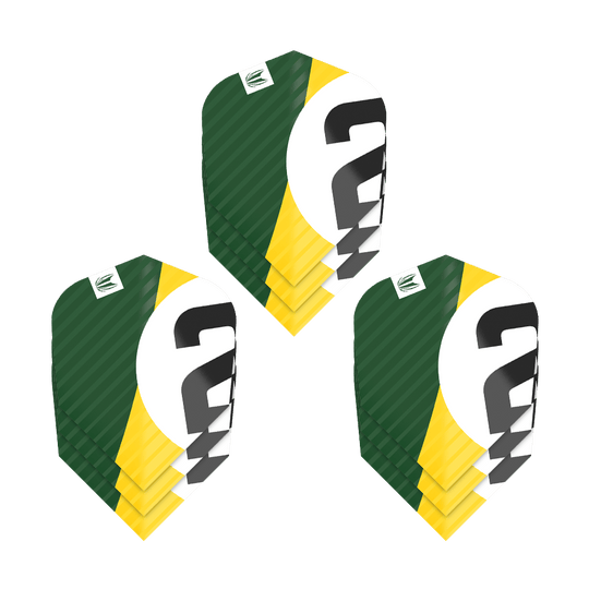 Das Bild zeigt drei Sätze Target Pro Ultra Chicane Green Ten-X Flights. Die Flights sind in den Farben Grün, Gelb, Weiß und Schwarz gestaltet.