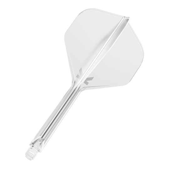 Das Bild zeigt einen klaren Dart-Flight mit integriertem Schaft. Das Design ist schlicht und durchsichtig, mit einem kleinen grauen Logo auf dem Flight.