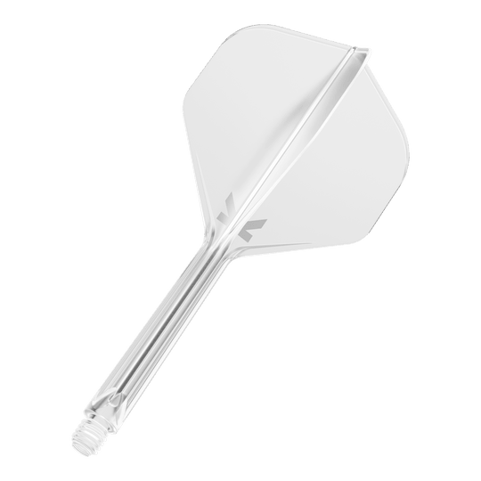 Target K-Flex No2 Standard Flight System - Clear Das Bild zeigt einen klaren Dart-Flight mit integriertem Schaft. Das Design ist schlicht und durchsichtig, mit einem kleinen grauen Logo auf dem Flight.